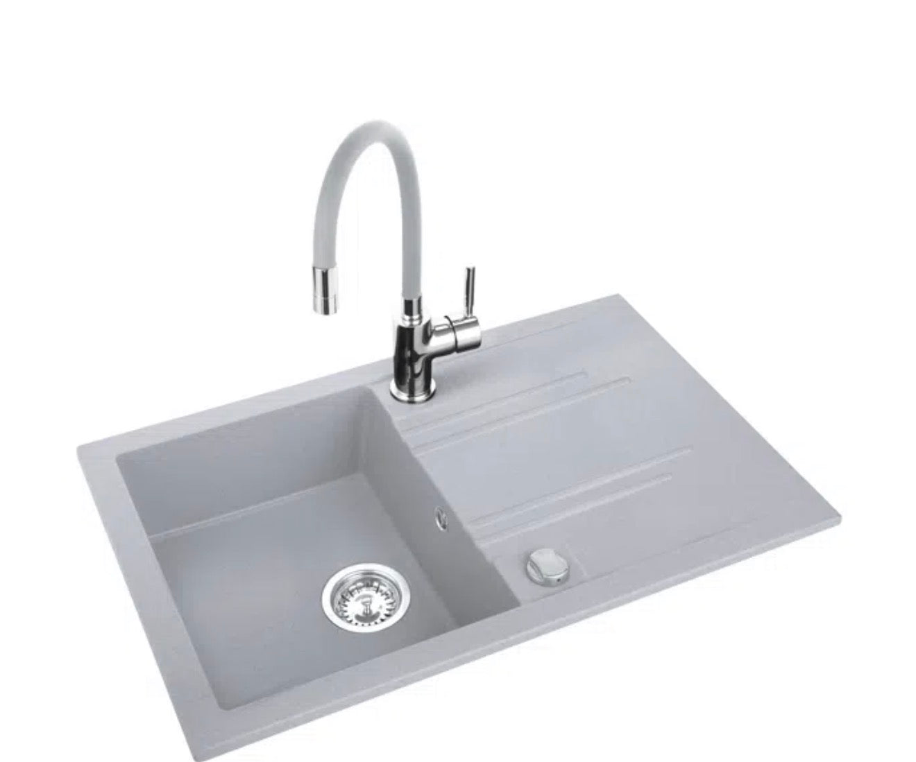Set chiuvetă bucătărie granit 78x48 cm cu baterie bucătărie înaltă, cuvă + picurător, sifon și dop automat incluse
