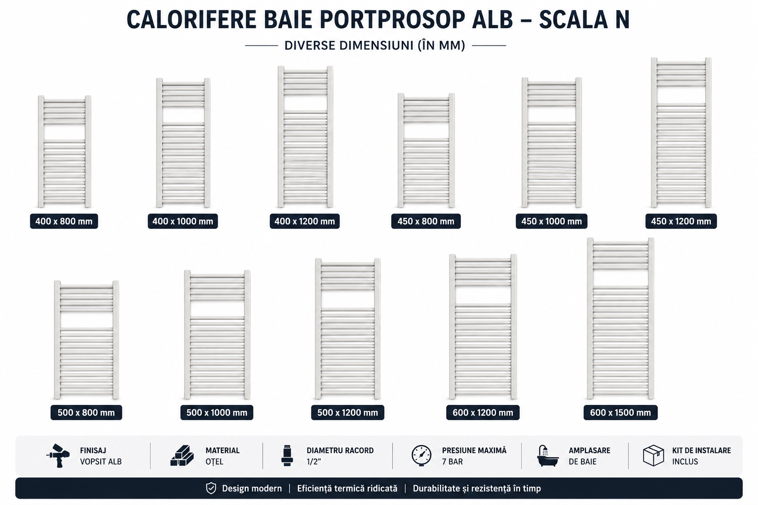 Calorifer RADOX baie portprosop alb SCALA N, din oțel, diverse dimensiuni, cu kit instalare inclus