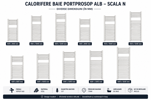 Calorifer RADOX baie portprosop alb SCALA N, din oțel, diverse dimensiuni, cu kit instalare inclus