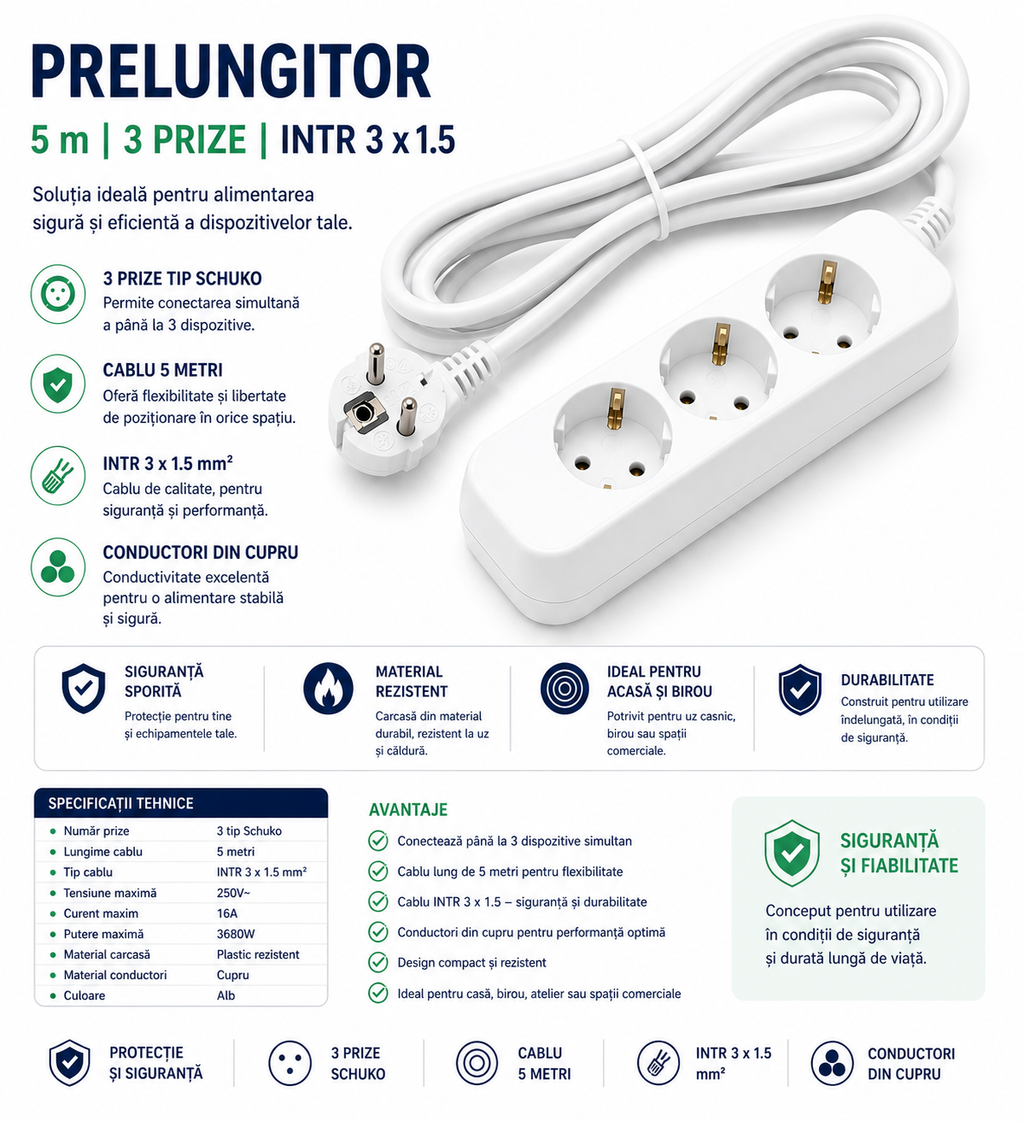 Prelungitor 5 metri, 3 prize Schuko, cablu INTR 3x1.5 mm², contacte cupru