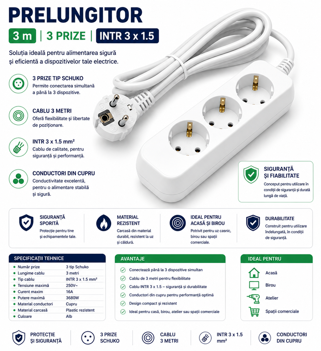 Prelungitor 3 m, 3 prize Schuko, cablu INTR 3x1.5 mm², contacte cupru