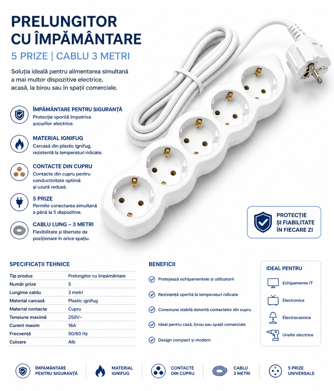 Prelungitor cu împământare 5 prize, cablu 3 metri, plastic ignifug, contacte din cupru