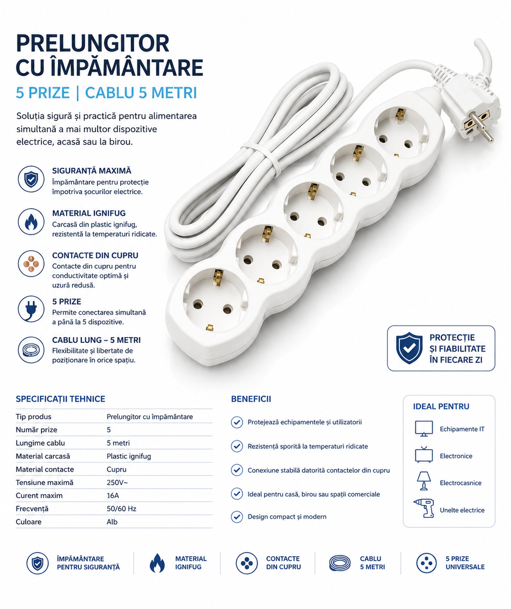 Prelungitor cu împământare 5 prize, cablu 5 metri, plastic ignifug, contacte din cupru