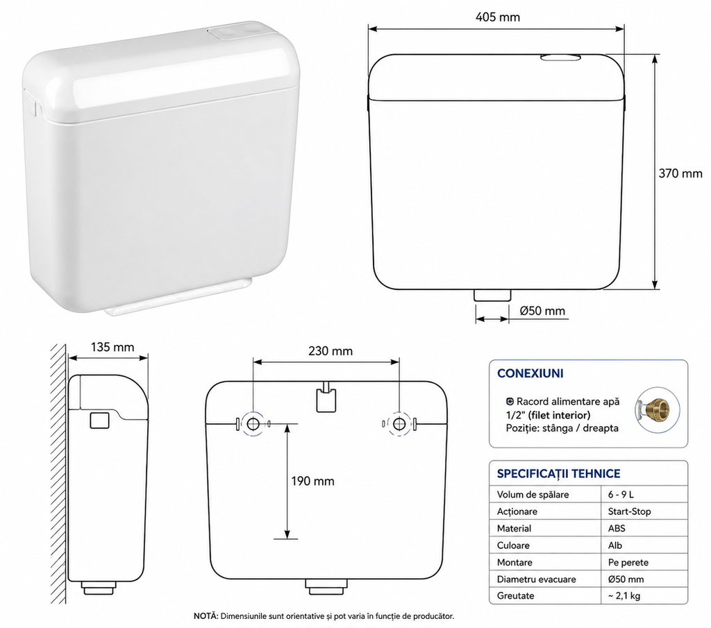 Rezervor WC aparent LAGUNA Monoblock – acționare start-stop, 6–9 L