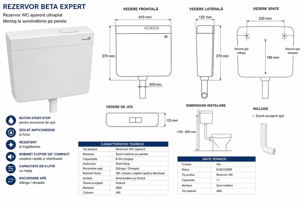 Rezervor WC aparent BETA Expert – montaj semiînălțime, sistem Start/Stop