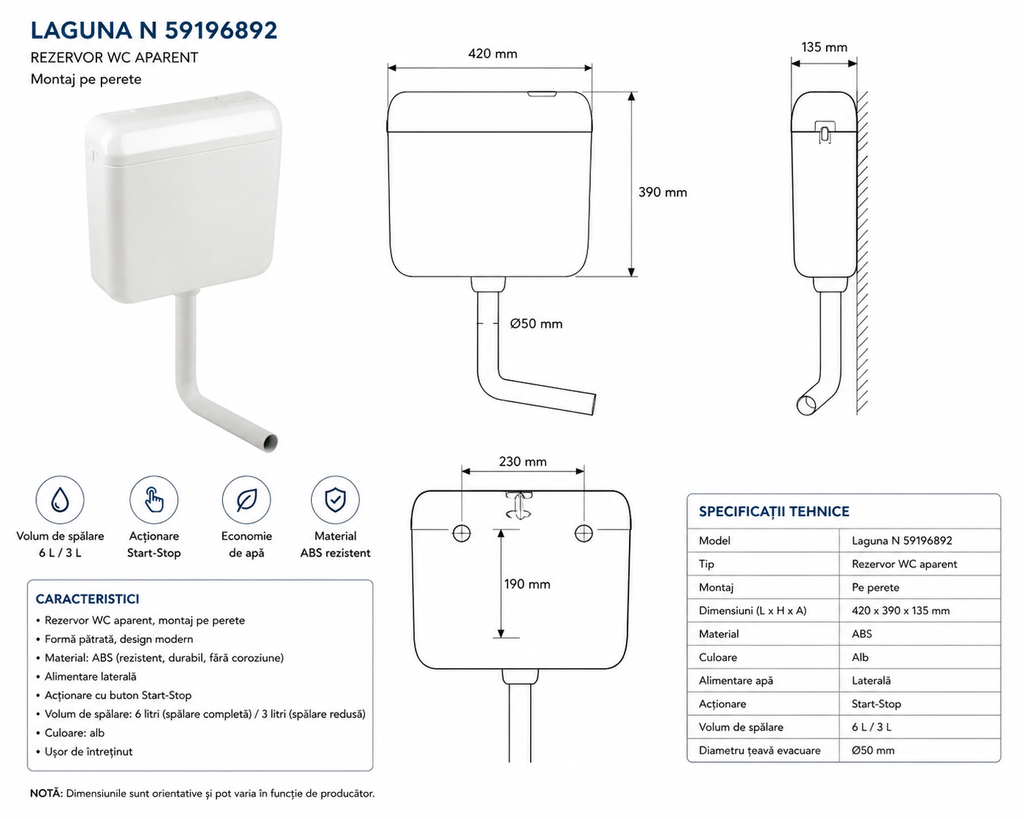 Rezervor WC aparent Laguna, montaj pe perete, 6–9 L, clătire Start/Stop