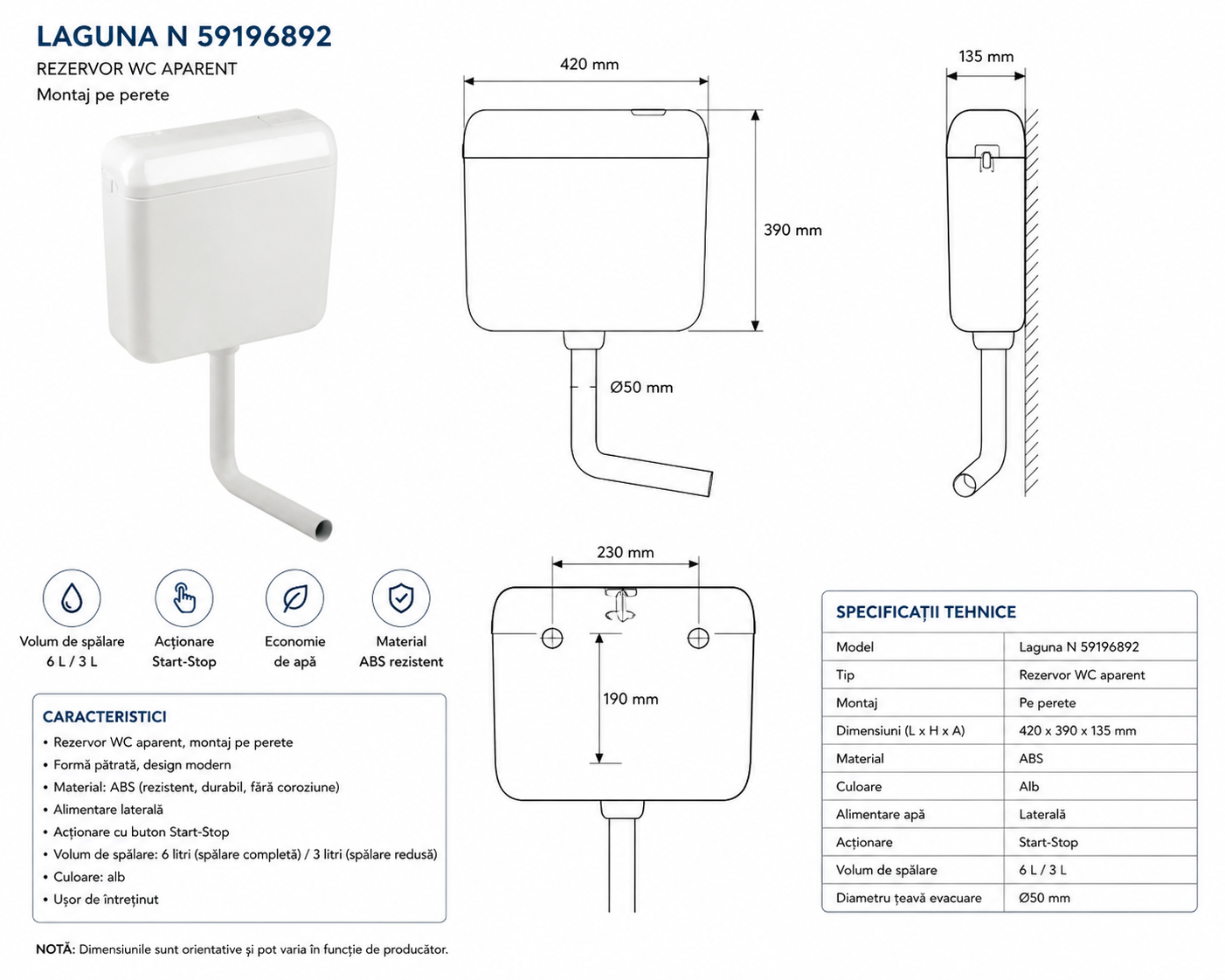Rezervor WC aparent Laguna, montaj pe perete, 6–9 L, clătire Start/Stop