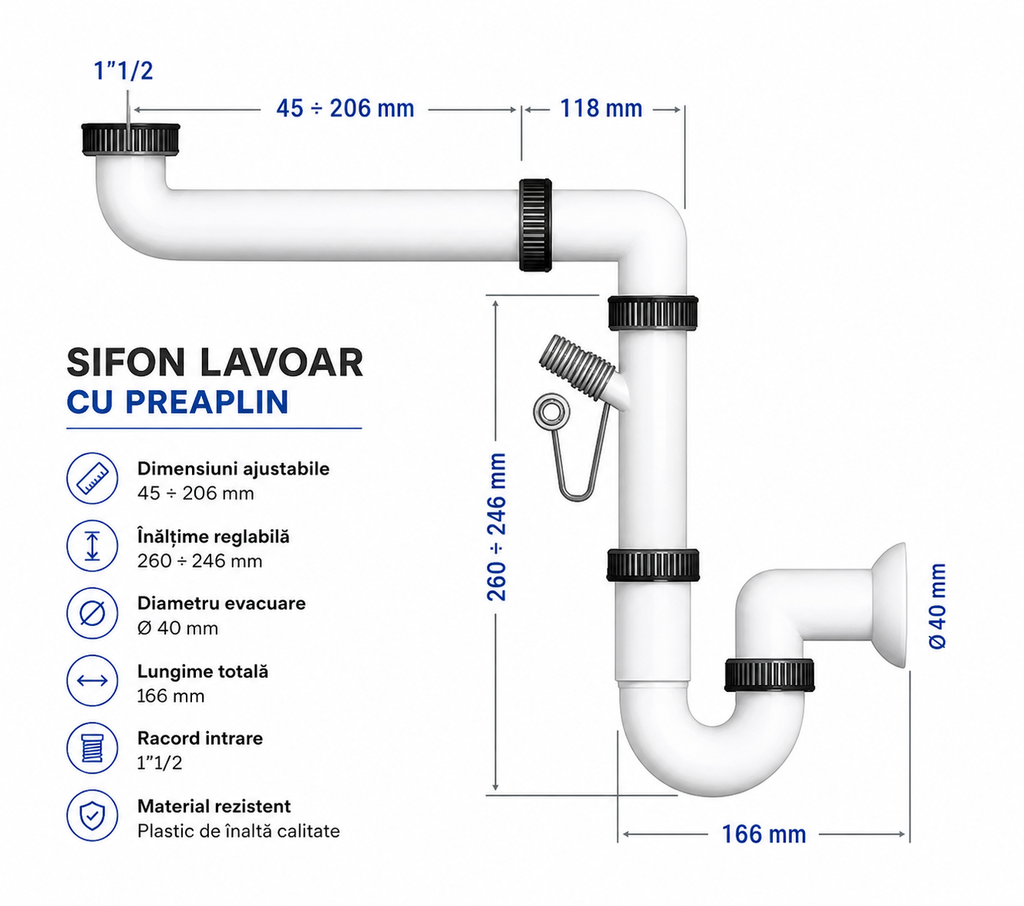 Sifon lavoar cu preaplin 1 1/2” – reglabil, Ø40 mm