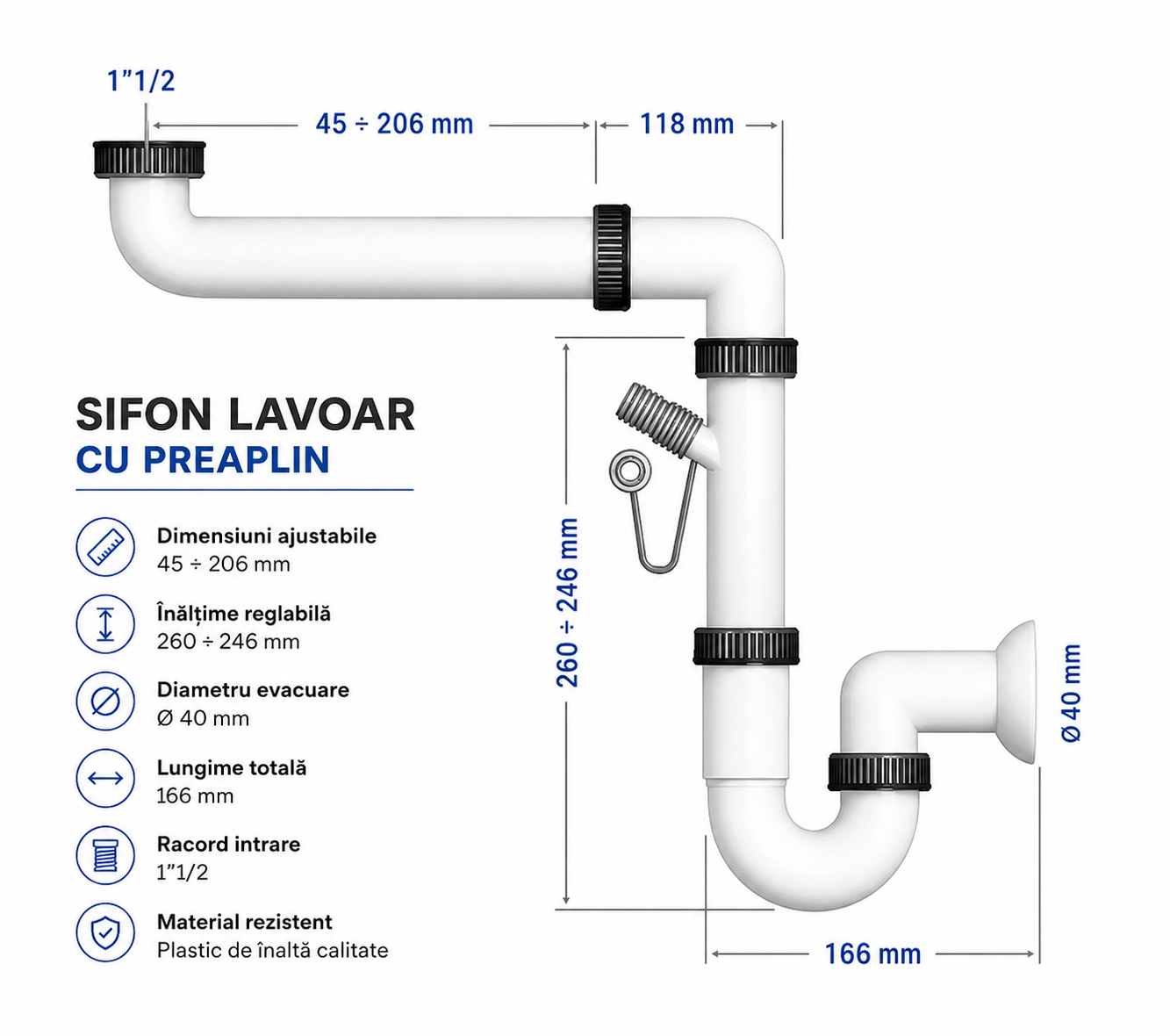 Sifon lavoar cu preaplin 1 1/2” – reglabil, Ø40 mm