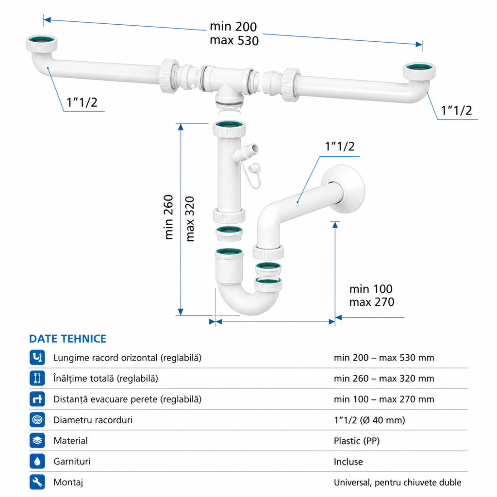 Sifon dublu chiuvetă 1 1/2”, reglabil, cu racord evacuare – alb