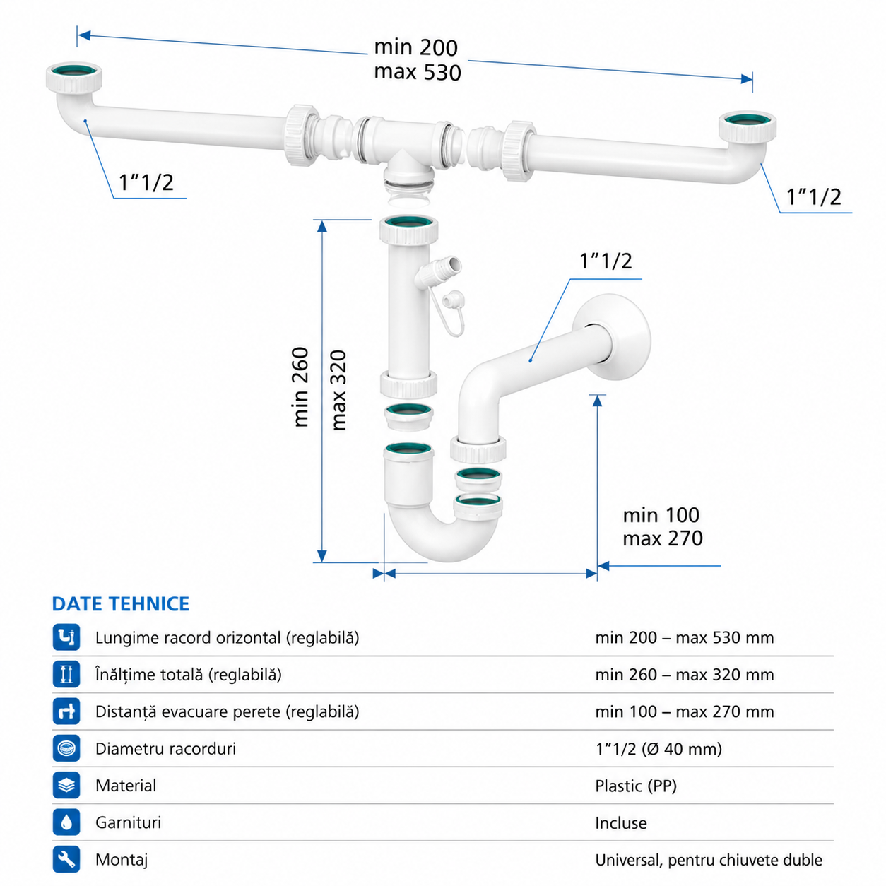Sifon dublu chiuvetă 1 1/2”, reglabil, cu racord evacuare – alb