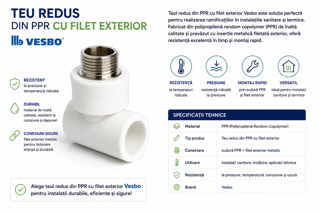Teu redus PPR cu filet exterior Vesbo
