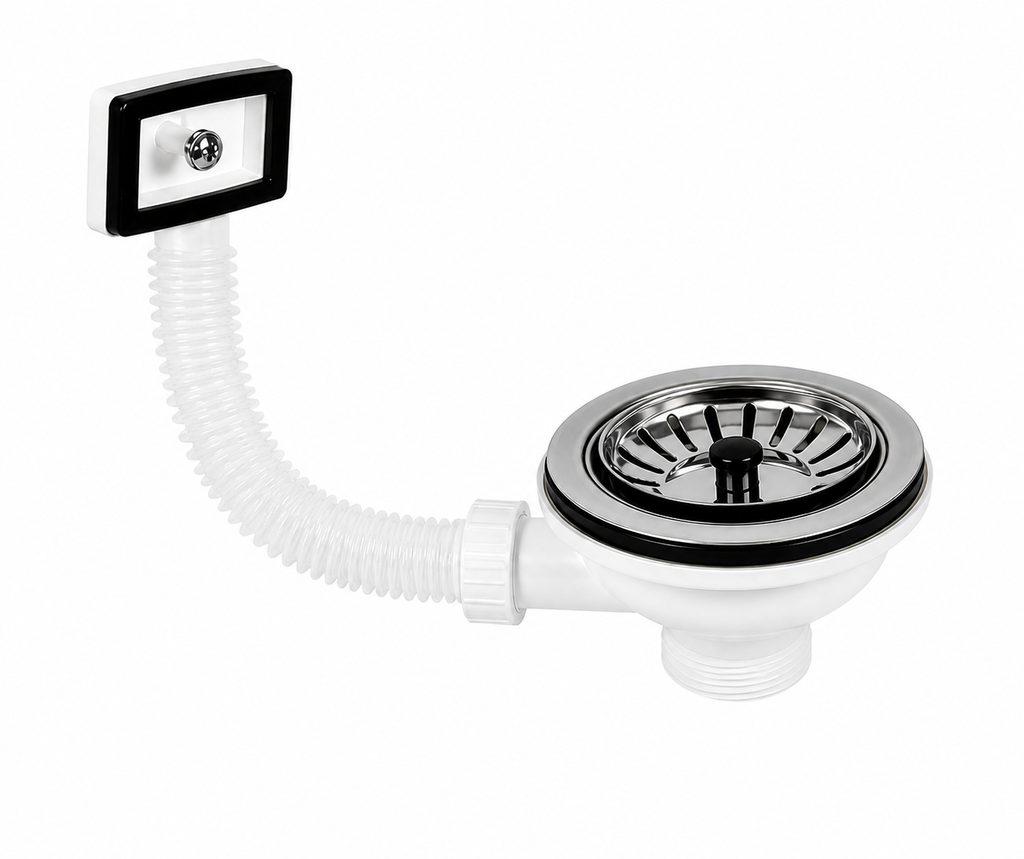 Ventil chiuvetă 3 1/2” x 1 1/2 cu grătar inox click-clack, preaplin dreptunghiular și racord flexibil