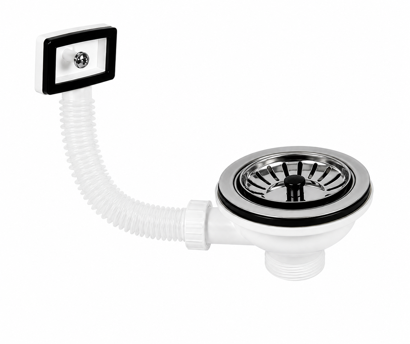 Ventil chiuvetă 3 1/2” x 1 1/2 cu grătar inox click-clack, preaplin dreptunghiular și racord flexibil