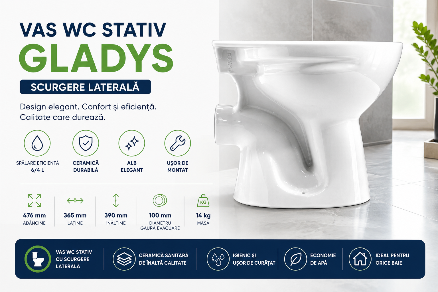 Vas WC stativ cu scurgere laterală GLADYS